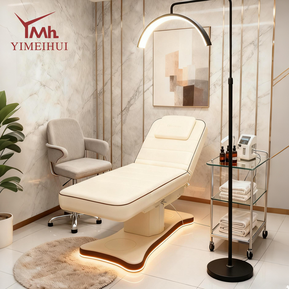 Beauty Salon Furniture Facial Spa Bed 3 Motors Electric Luxury Lash Bed Golden Base Massage Bed with Led Lights