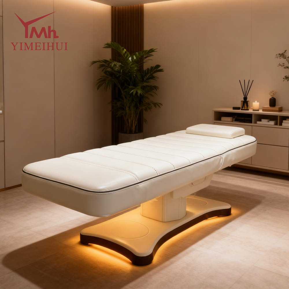 Beauty Salon Furniture Facial Spa Bed 3 Motors Electric Luxury Lash Bed Golden Base Massage Bed with Led Lights