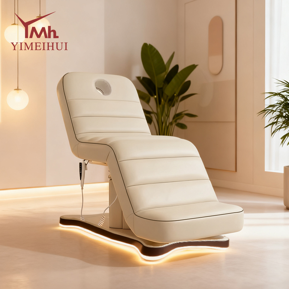 Beauty Salon Furniture Facial Spa Bed 3 Motors Electric Luxury Lash Bed Golden Base Massage Bed with Led Lights