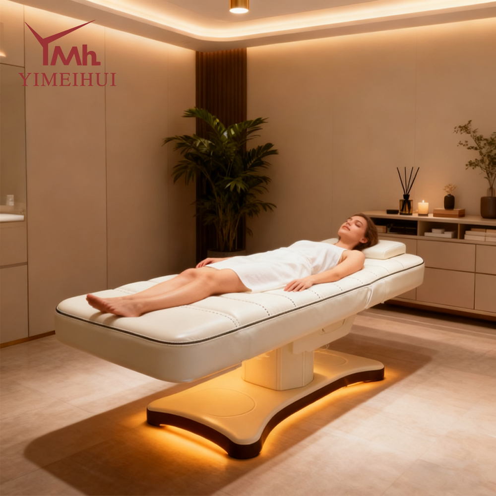Beauty Salon Furniture Facial Spa Bed 3 Motors Electric Luxury Lash Bed Golden Base Massage Bed with Led Lights