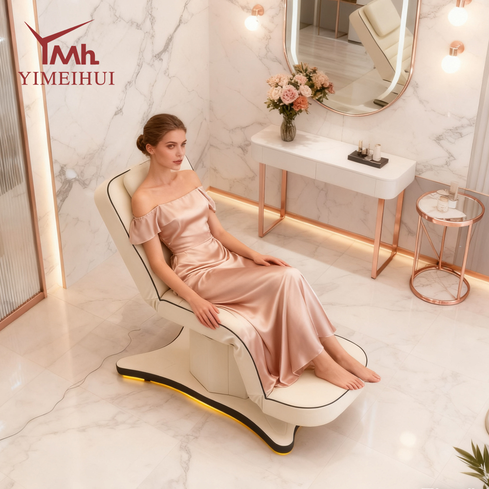 Beauty Salon Furniture Facial Spa Bed 3 Motors Electric Luxury Lash Bed Golden Base Massage Bed with Led Lights