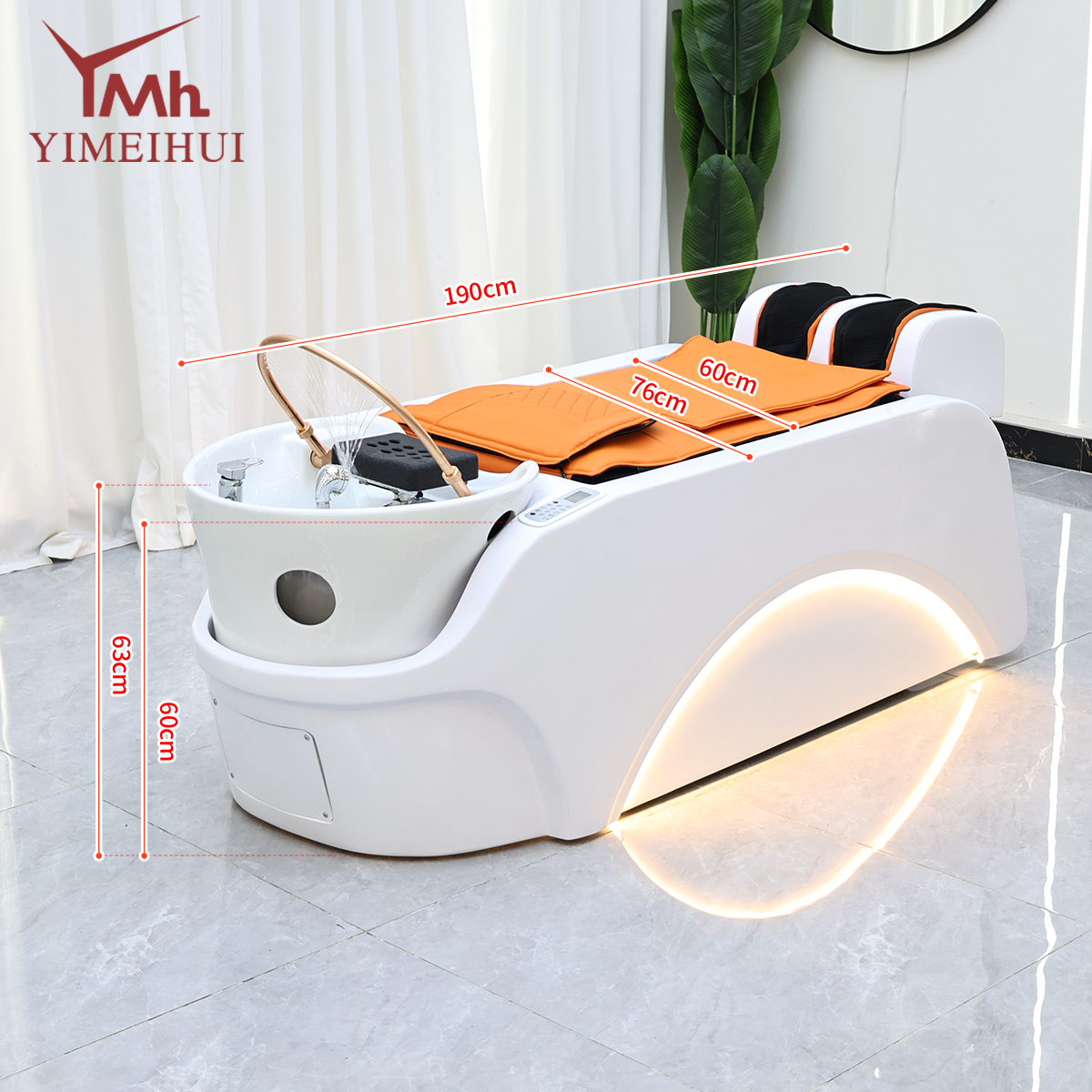 Water Circulation Deep Care LED Lighting Electric Kneading Massage Fiberglass Bed Frame Modern Hair Salon Shampoo Chair