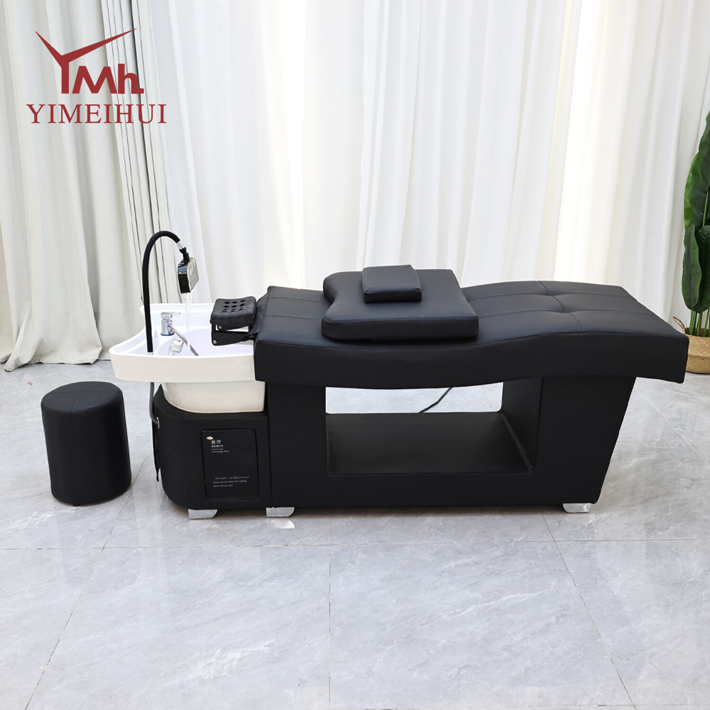 Premium Black Salon Shampoo Chair - Modern Luxury Reclining Head Spa Bed with Ceramic Basin, Stylish Hair Washing Station