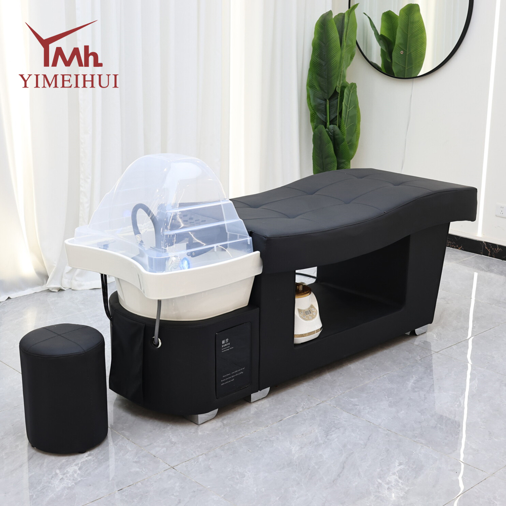 Premium Black Salon Shampoo Chair - Modern Luxury Reclining Head Spa Bed with Ceramic Basin, Stylish Hair Washing Station