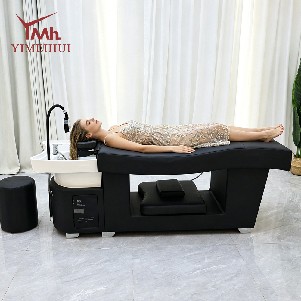 Premium Black Salon Shampoo Chair - Modern Luxury Reclining Head Spa Bed with Ceramic Basin, Stylish Hair Washing Station