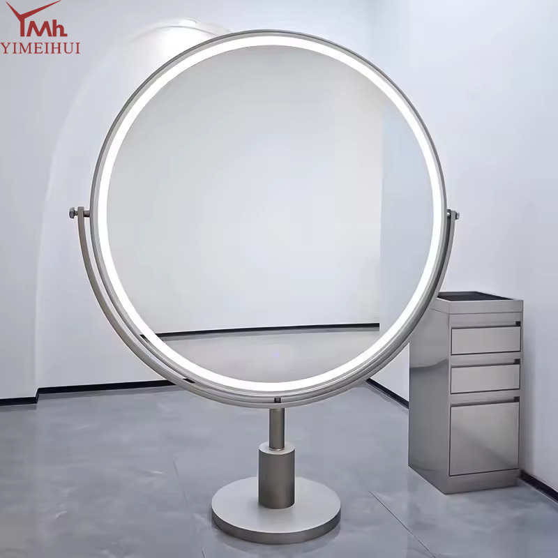 High Quality Luxury Height-adjustable Round Barber Salon Mirror Barber Shop Commercial Furniture With Led Lighting