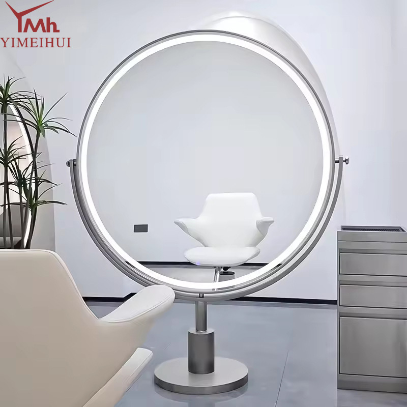 High Quality Luxury Height-adjustable Round Barber Salon Mirror Barber Shop Commercial Furniture With Led Lighting