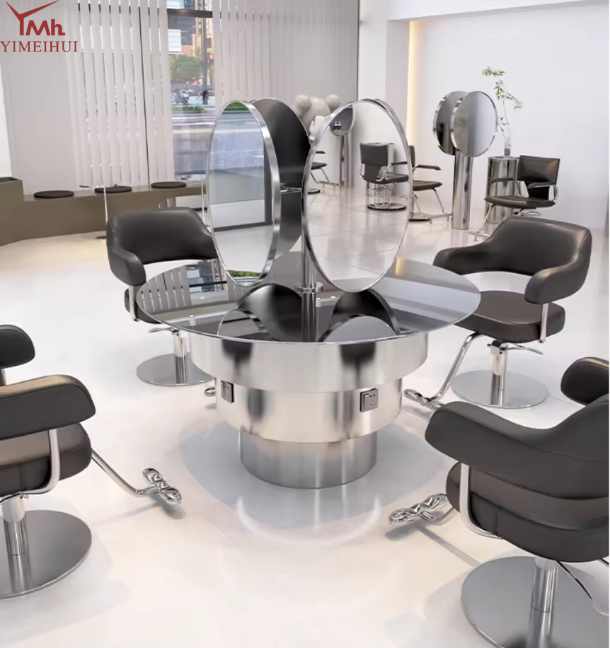 Luxury Salon Furniture Hairdressing Barber Station Double Sided Styling Mirror Gold Salon Mirror Cabinet With Led