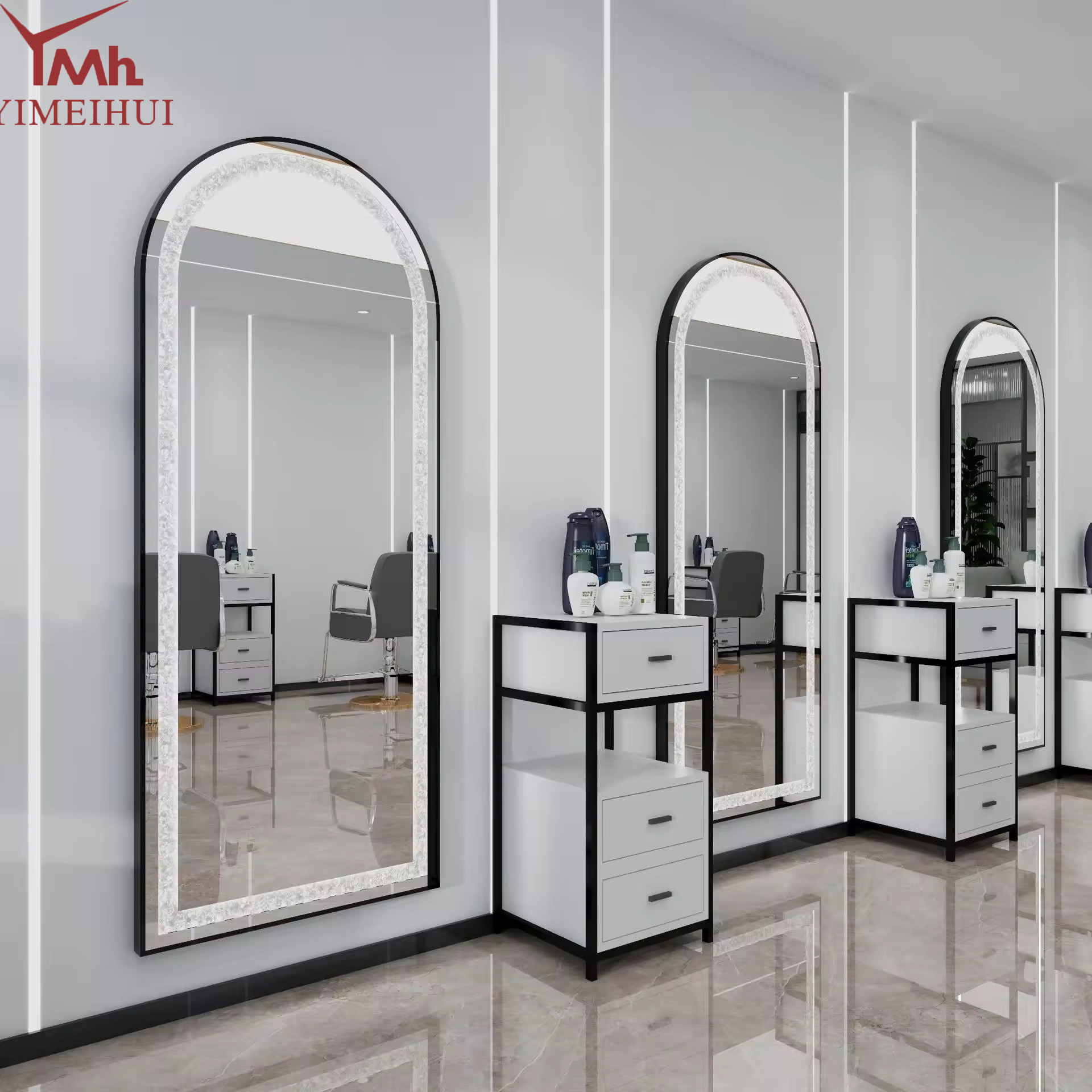 Rhinestone Inlaid Round LED Mirror Station Luxury Beauty Salon Hair Dressing Makeup Vanity Mirror