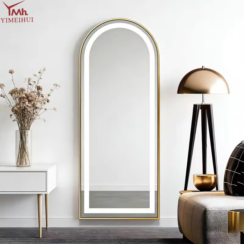 Luxury Arch LED Full Length Mirror Gold Metal Frame Illuminated Smart Touch Dimmable Light