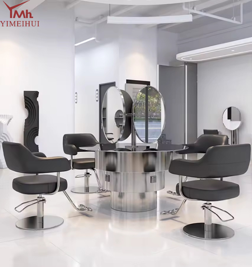 Luxury Salon Furniture Hairdressing Barber Station Double Sided Styling Mirror Gold Salon Mirror Cabinet With Led