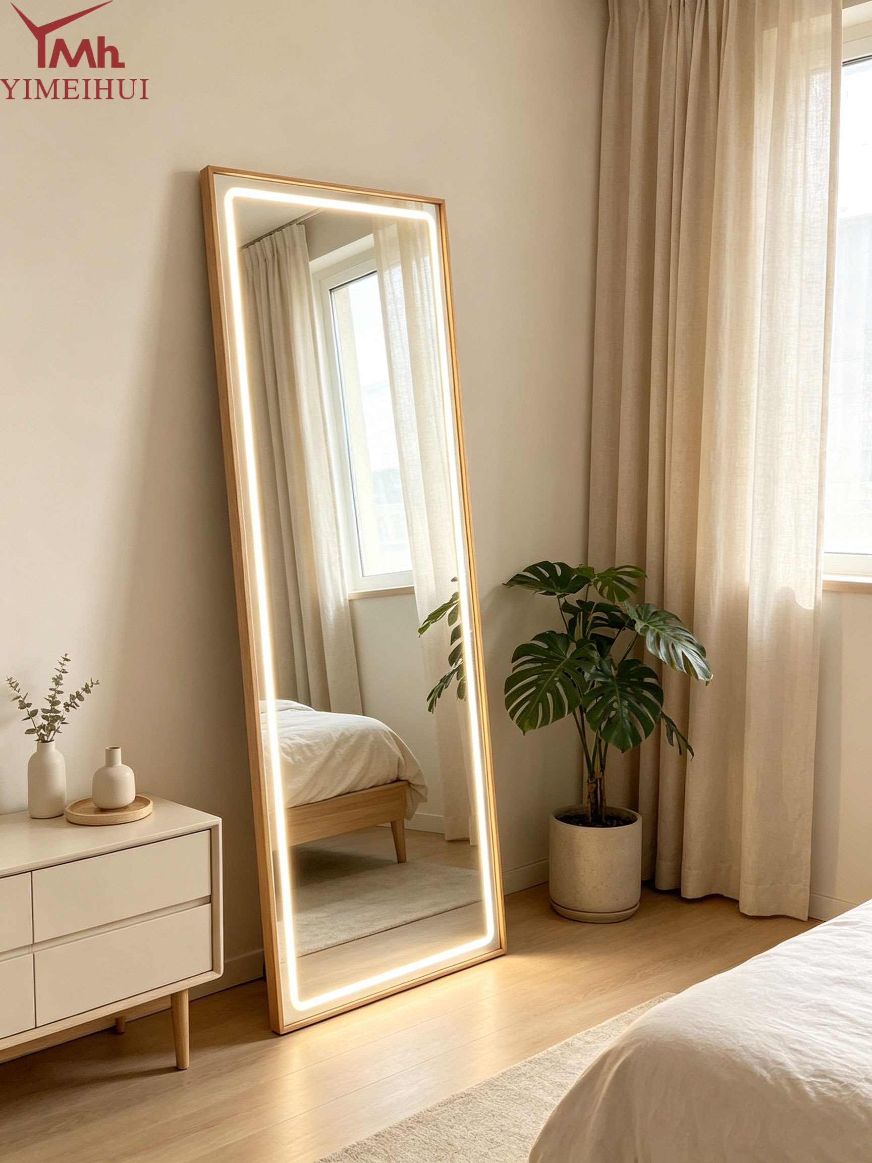 Large Light-emitting Diode Lighting for the Entire Floor-standing Mirror with Aluminum Frame Modern Hotel Standing Mirror