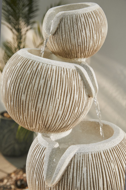Modern Contemporary Stacked Ball Waterfall Fountain Texturrd Sandstone Lightweight Cascading Water Feature manufacturer in China,Polyresin Modern Texture Sandstone Water Feature Fountain Manufacturer,Quanzhou Rich Green Technology Co.,Ltd.
