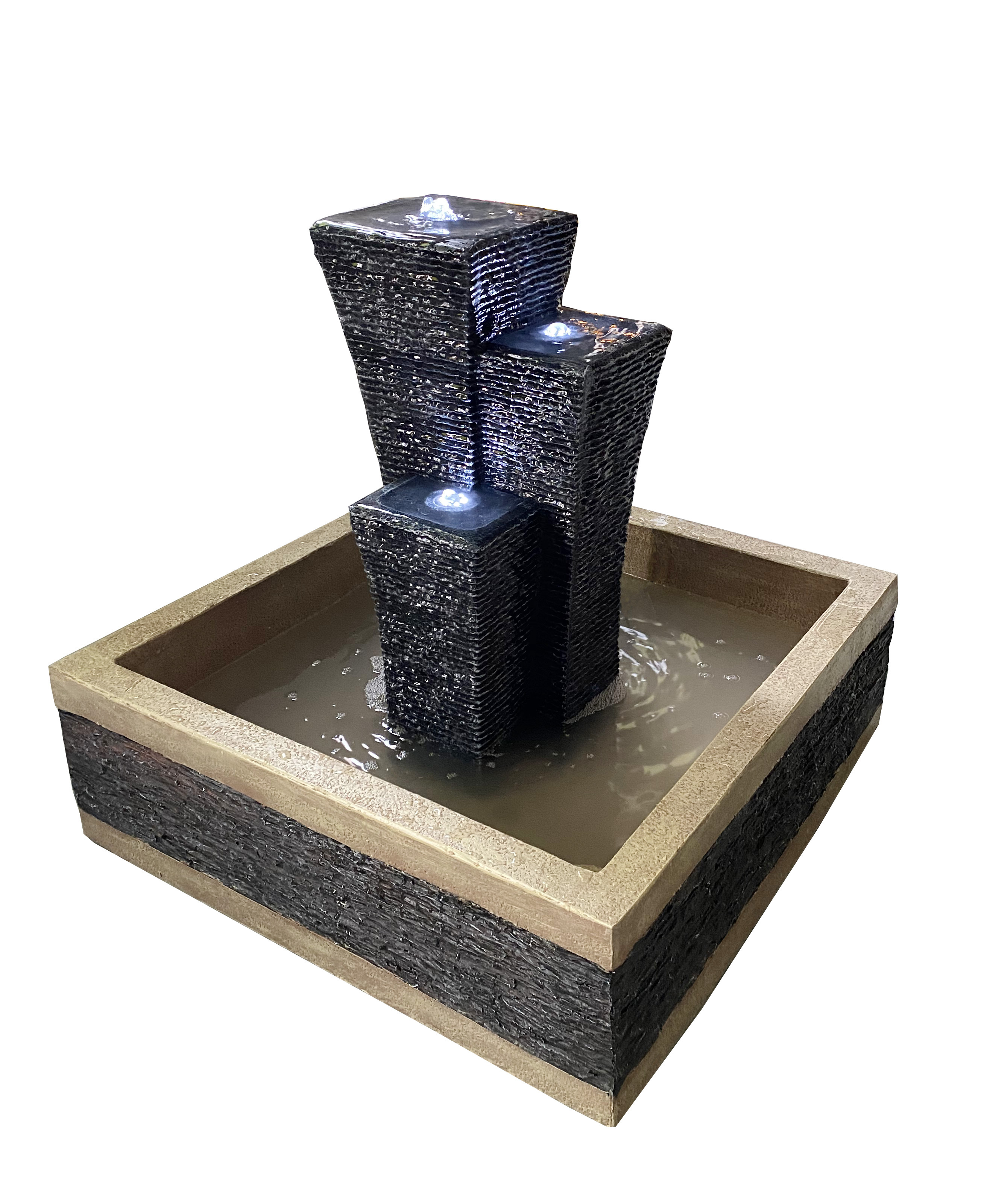 Modern Tiered Polyresin Geometric Stone-texured Water Feature | Fountain Manufacturer in China,Textured Stone Polyresin Fountain Slate Water Feature Supplier China,Quanzhou Rich Green Technology Co.,Ltd.