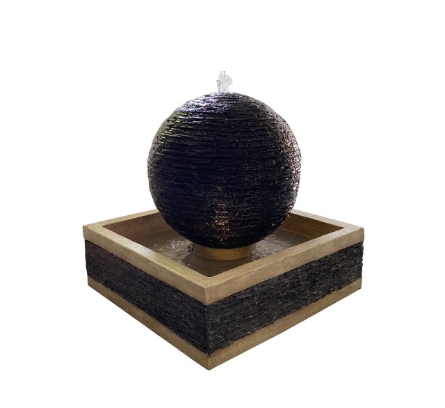 Modern Sphere Outdoor Fountain with LED Light – Textured Ball Water Feature for Garden, Patio, Yard Décor – Cascading Resin Fountain