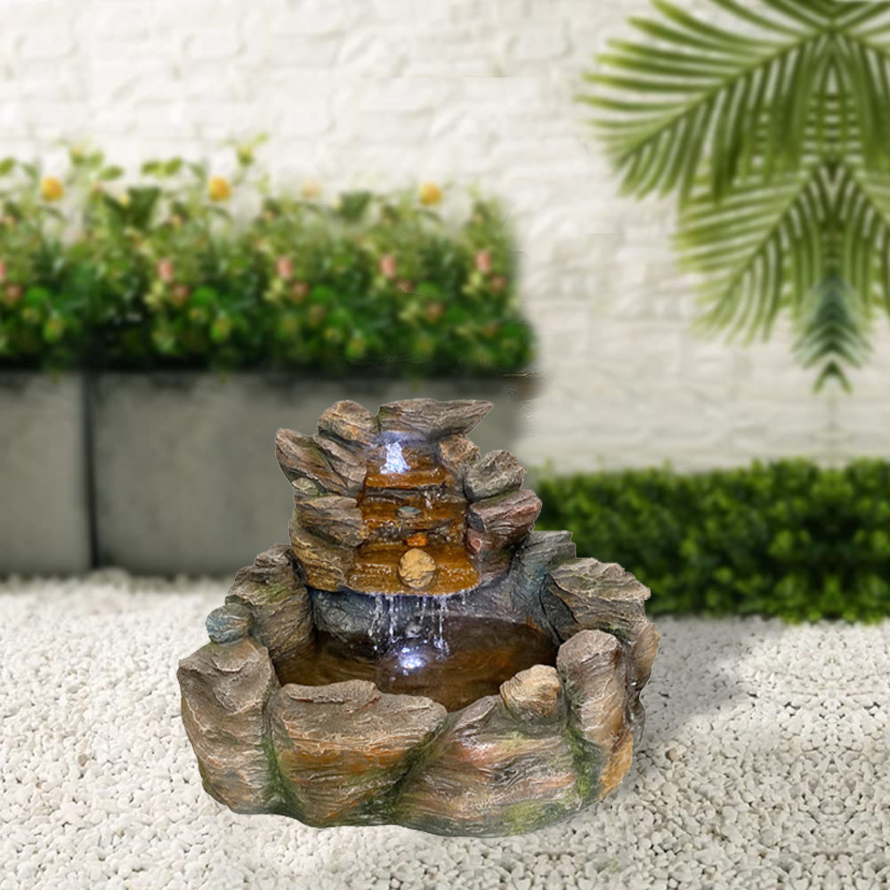 Rustic Rock Cascading Waterfall Fountain with LED Lights Rockery Tiered Water Feature | Fountain Supplier in China,Polyresin Rock Stone Water Feature | Fountain Manufacturer in China,Quanzhou Rich Green Technology Co.,Ltd.