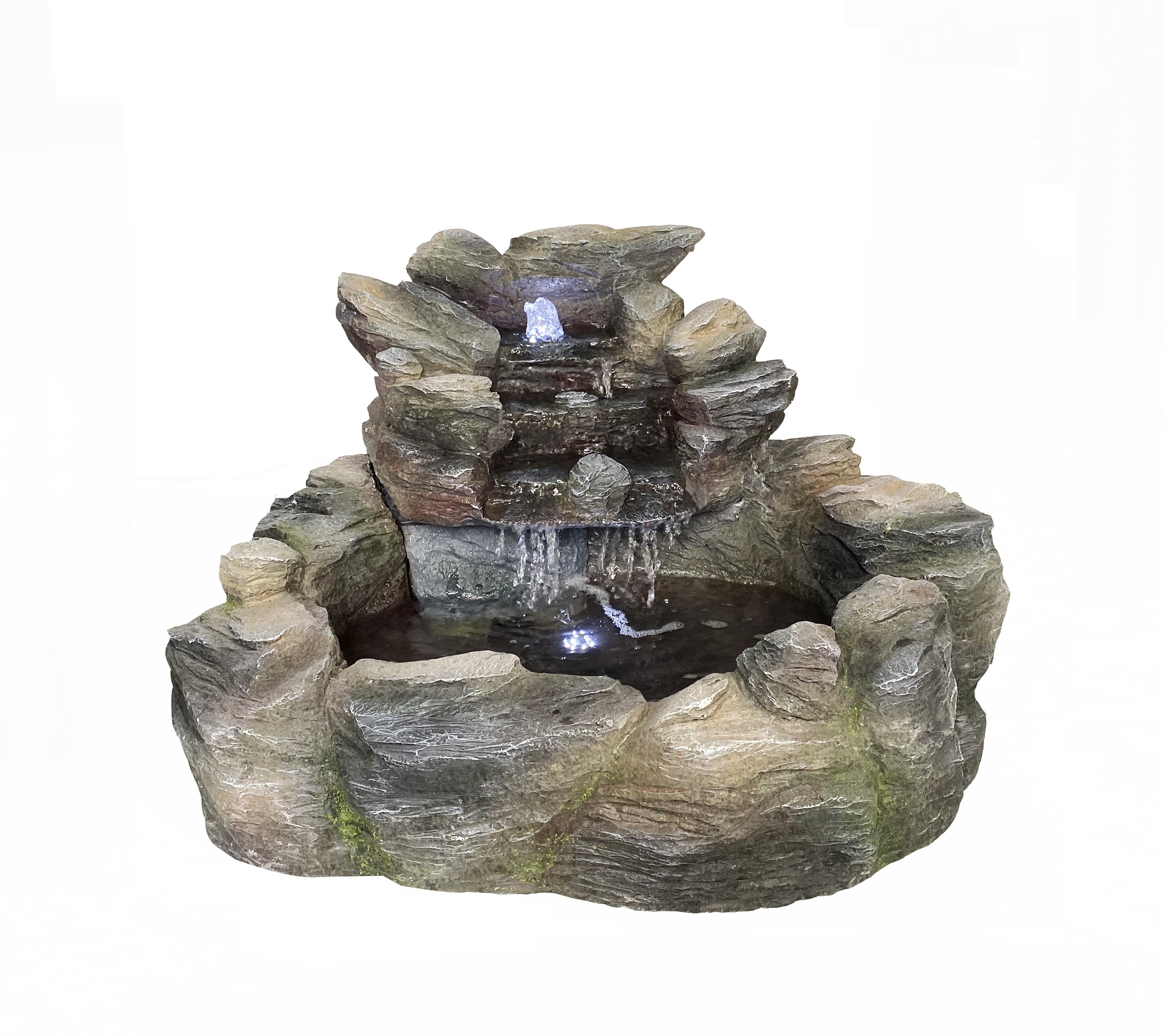 Rustic Rock Cascading Waterfall Fountain with LED Lights Rockery Tiered Water Feature | Fountain Supplier in China,Polyresin Rock Stone Water Feature | Fountain Manufacturer in China,Quanzhou Rich Green Technology Co.,Ltd.