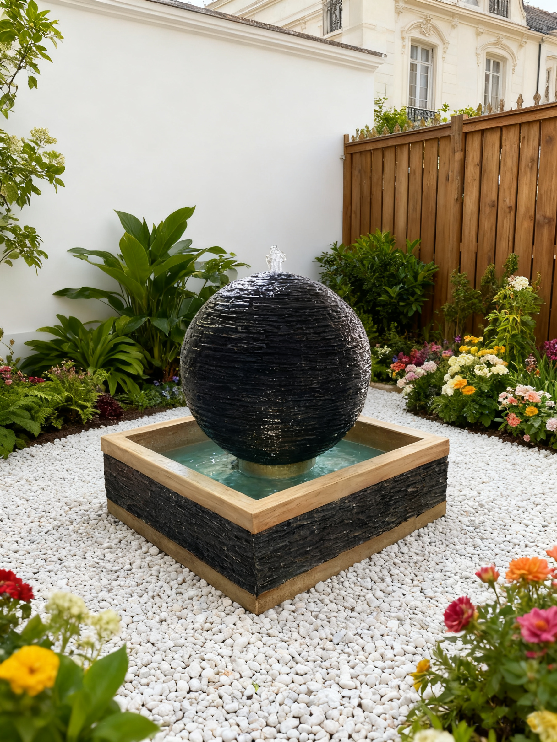 Modern Sphere Outdoor Fountain with LED Light – Textured Ball Water Feature for Garden, Patio, Yard Décor – Cascading Resin Fountain