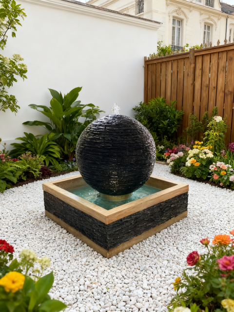 Modern Sphere Outdoor Fountain with LED Light – Textured Ball Water Feature for Garden, Patio, Yard Décor – Cascading Resin Fountain