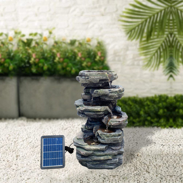 Solar Powered Cascading Rock Water Fall Fountain Tiered Rock Stone Water Fall Water Feature