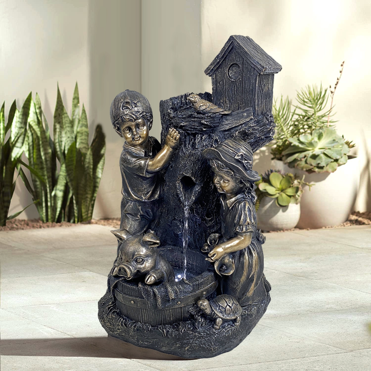 Children and Animals Garden Fountain – Rustic Tree Trunk Outdoor Water Feature with LED Lights-Fountain Manufacturer in China,Children and Animals Fountain –Tree Trunk Water Feature Manufacturer,Quanzhou Rich Green Technology Co.,Ltd.