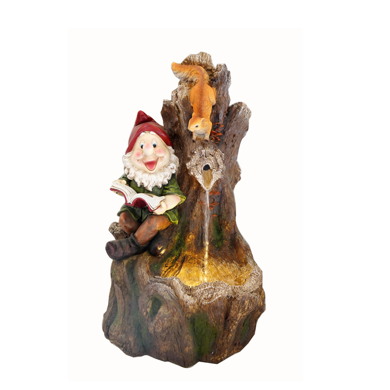 Reading Gnome and Squireel Garden Fountain – Tree Trunk Outdoor Water Feature with LED Lights | Polyresin Fountain Manufacturer,Polyresin Gnome Fountain and Water Feature Supplier China,Quanzhou Rich Green Technology Co.,Ltd.