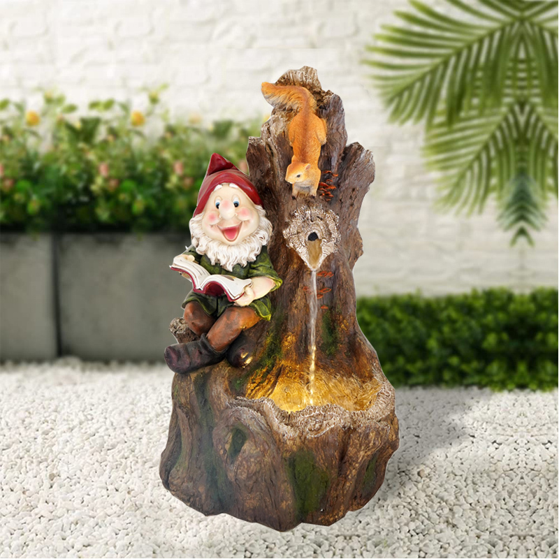 Reading Gnome and Squireel Garden Fountain – Tree Trunk Outdoor Water Feature with LED Lights | Polyresin Fountain Manufacturer,Polyresin Gnome Fountain and Water Feature Supplier China,Quanzhou Rich Green Technology Co.,Ltd.