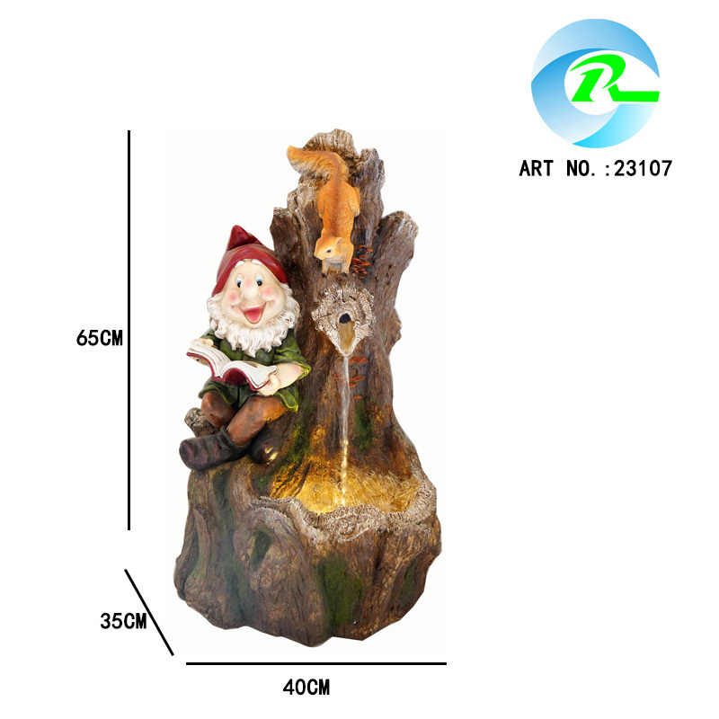 Reading Gnome and Squireel Garden Fountain – Tree Trunk Outdoor Water Feature with LED Lights | Polyresin Fountain Manufacturer,Polyresin Gnome Fountain and Water Feature Supplier China,Quanzhou Rich Green Technology Co.,Ltd.