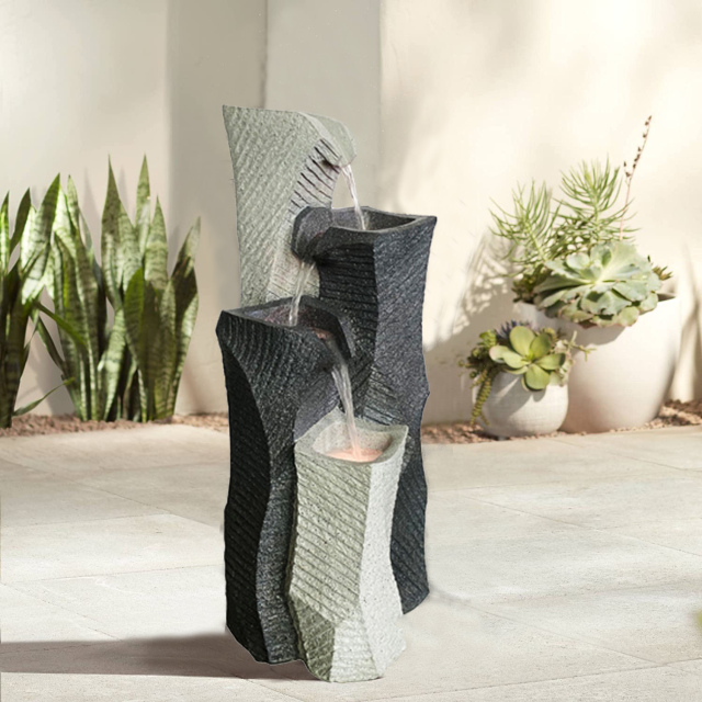 Textured Granite Stone Outdoor Water Fountain | Modern Tiered Design-Cascading Water Fall Water Feature