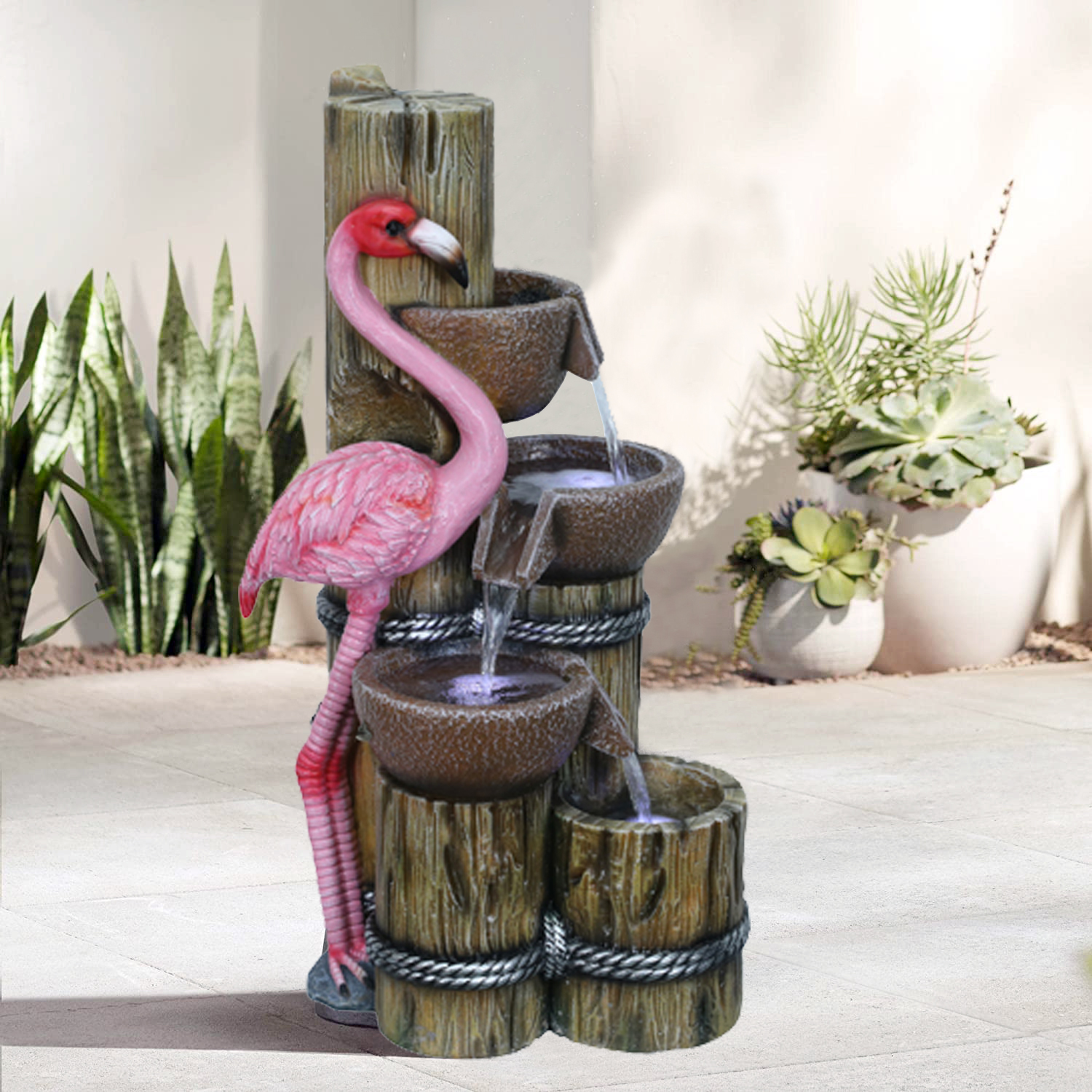 Flamingo Wood Log Stacked Bowls Fountain Flamingo Cascading Bowls Tiered Water Flow Water Feature,Flamingo Wood Log Stacked Bowls Fountain Flamingo Cascading Bowls Tiered Water Flow Water Feature,Quanzhou Rich Green Technology Co.,Ltd.