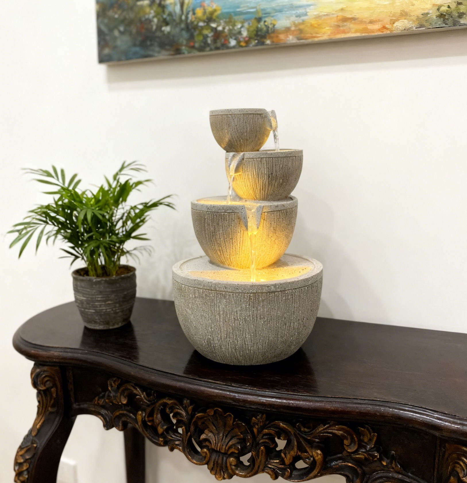 Modern Textured Granite Stacked Bowls Water Fountain Contemporary 4-tiered Water Feature for Indoor and Outdoor Use