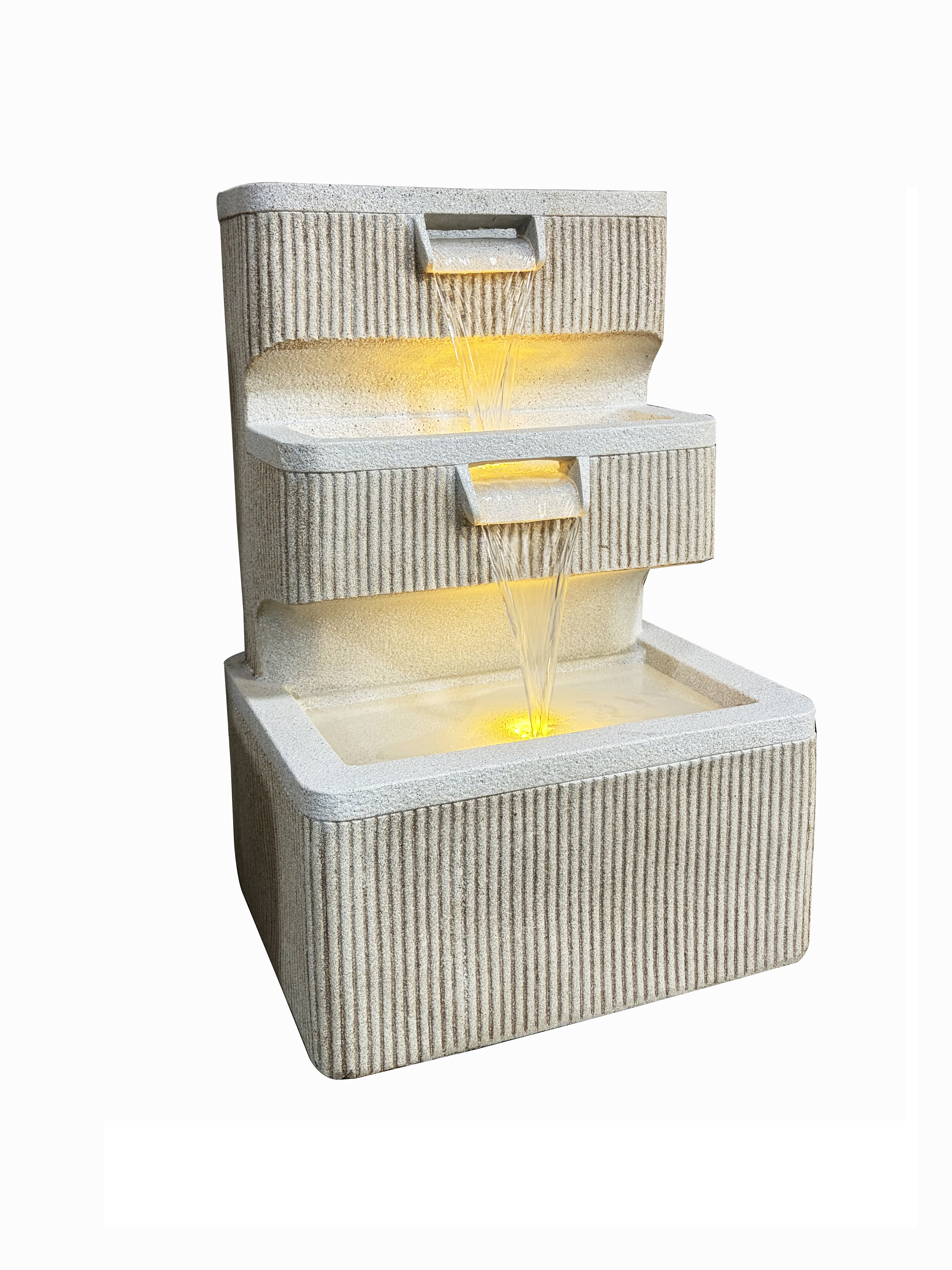 3-Tier Ribbed Sandstone Effect Wall Water Feature with Subtle LED Lights| Polyresin Water Feature Manufacturer and Supplier,Sandstone Effect Wall Fountain With LED| Polyresin Fountain Supplier,Quanzhou Rich Green Technology Co.,Ltd.