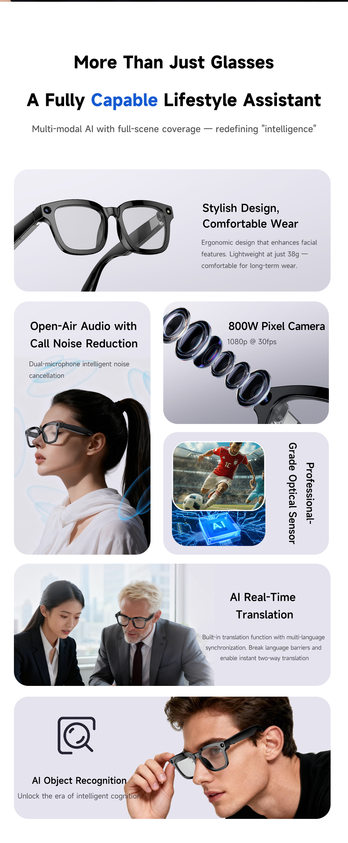 Smart AI Glasses with 8MP HD Camera & Bluetooth 5.3, Real-Time Translation Open-Ear Audio Sunglasses, 38g Ultra-Light Voice Assistant Glasses for Work & Travel
