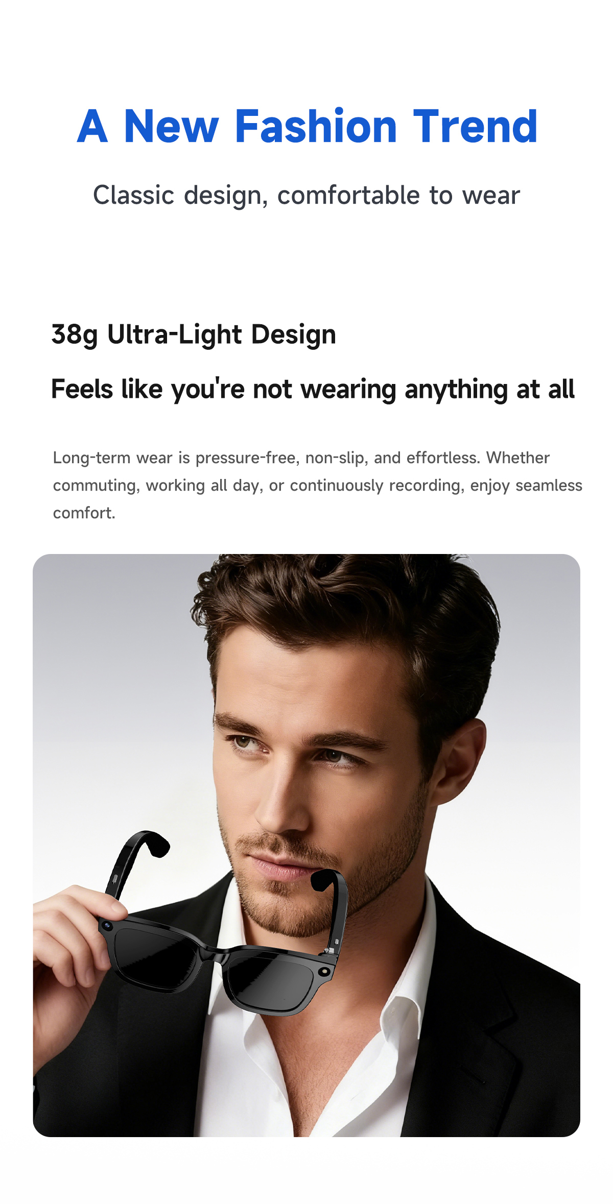 Smart AI Glasses with 8MP HD Camera & Bluetooth 5.3, Real-Time Translation Open-Ear Audio Sunglasses, 38g Ultra-Light Voice Assistant Glasses for Work & Travel