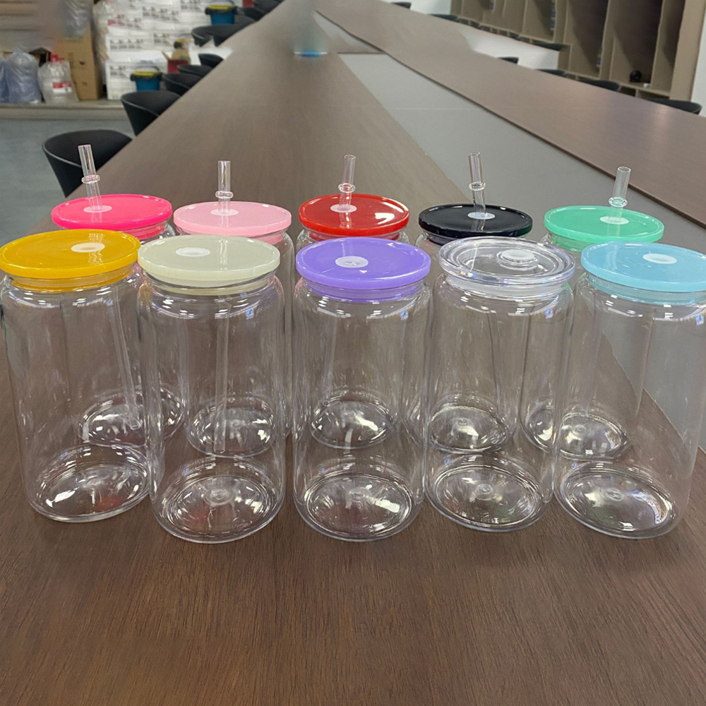 US 16oz Acrylic Plastic Can Bottle with Colorful Lid & Straw Free Shipping for UV DTF Wraps (50PCS)