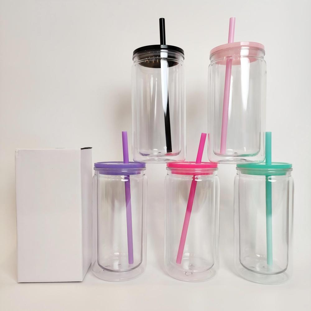 US RTS 16oz  Acrylic Plastic Snowglobe Can Double Walled Cup with color lids and straw Free Shipping  suit for 16oz UVdtf wraps