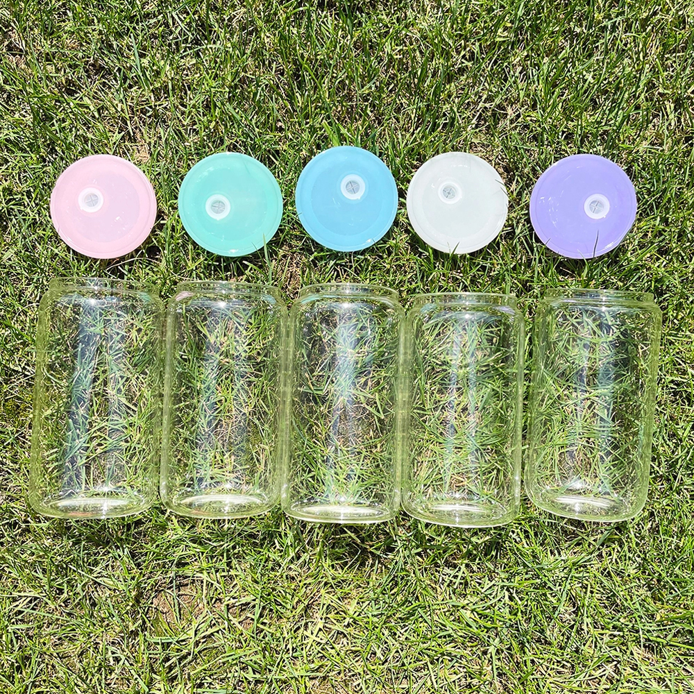 US RTS 16oz  Sublimation Clear/Frosted Glass Can w/PP Colored Lids Free Shipping (25PCS)