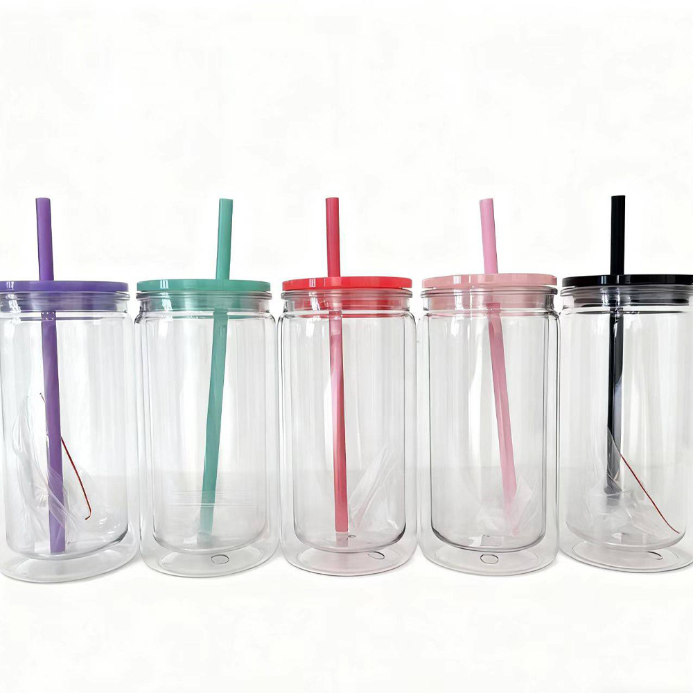 US RTS 16oz  Acrylic Plastic Snowglobe Can Double Walled Cup with color lids and straw Free Shipping  suit for 16oz UVdtf wraps