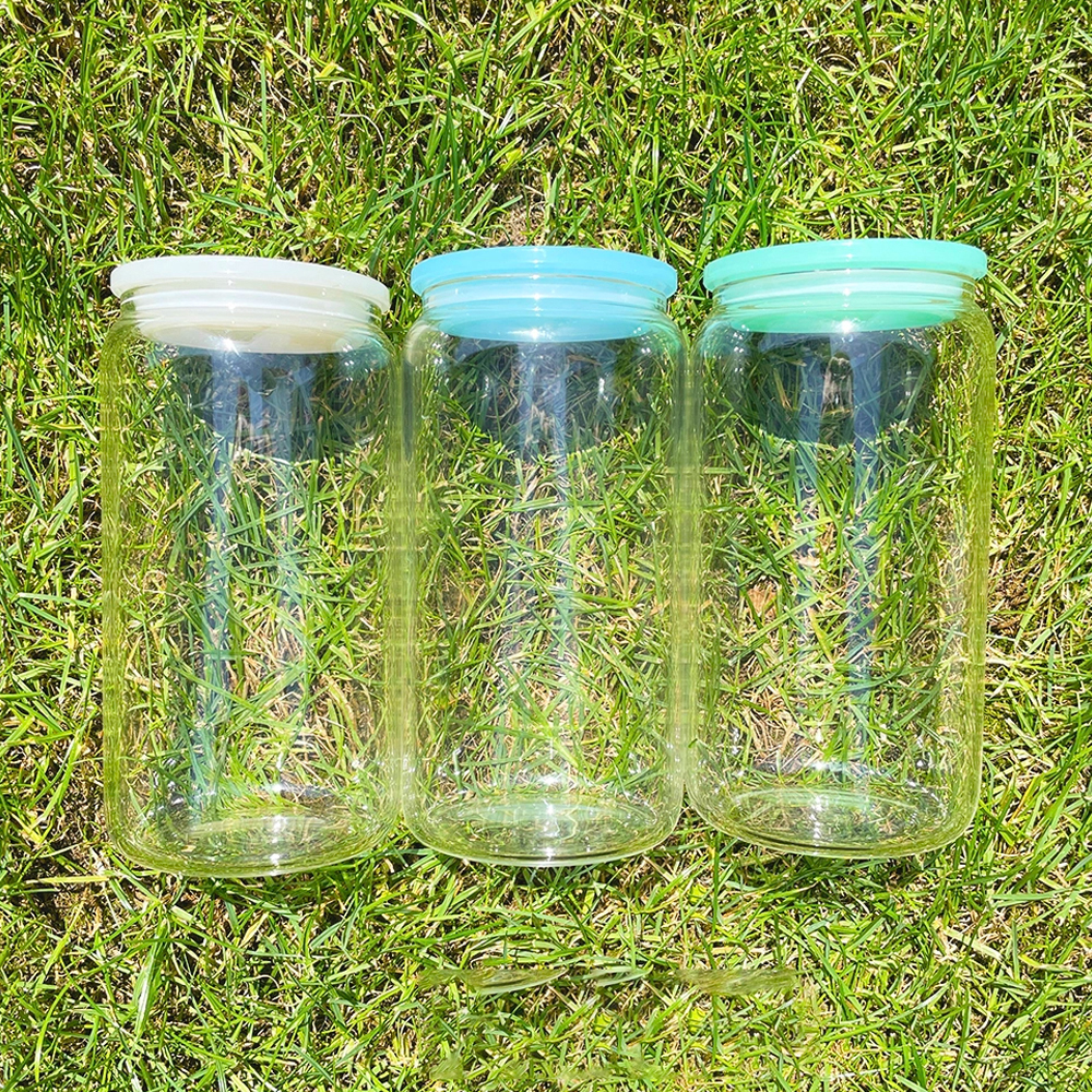 US RTS 16oz  Sublimation Clear/Frosted Glass Can w/PP Colored Lids Free Shipping (25PCS)