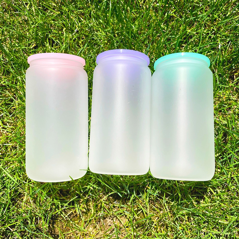 US RTS 16oz  Sublimation Clear/Frosted Glass Can w/PP Colored Lids Free Shipping (25PCS)