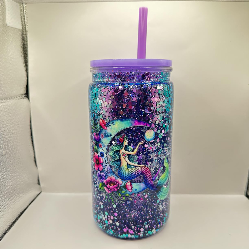 US RTS 16oz  Acrylic Plastic Snowglobe Can Double Walled Cup with color lids and straw Free Shipping  suit for 16oz UVdtf wraps