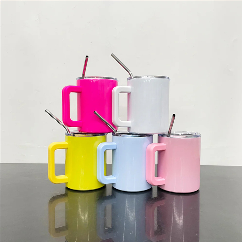 USA Warehouse 10oz Blank Sublimation Macaron Color Lowball Metal Tumblers With Removable Plastic Handle Water Cups With Magnetic Lids and Stainless Steel Straw