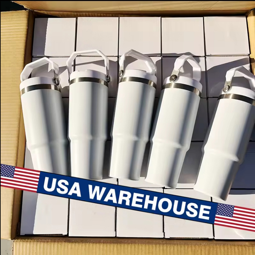 US Warehouse 30oz White Stanley Style with Flip Straw School Tumbler for Sublimation and Laser Engraving