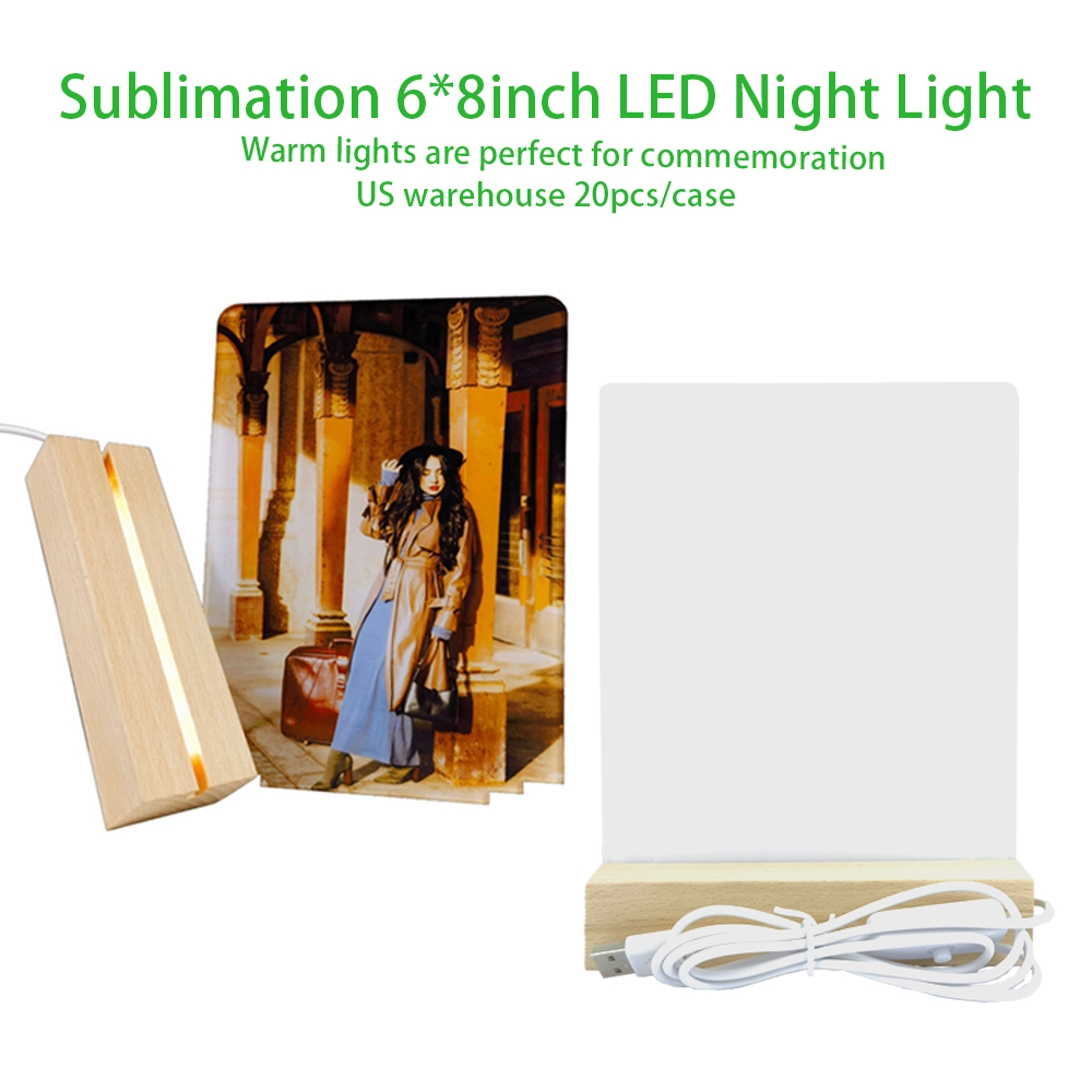 Sublimation LED Acrylic Photo Frames Night Lights Blanks 6" x 8" with Warm Color Light,with Wood Stand for Heat Press Machine Printing