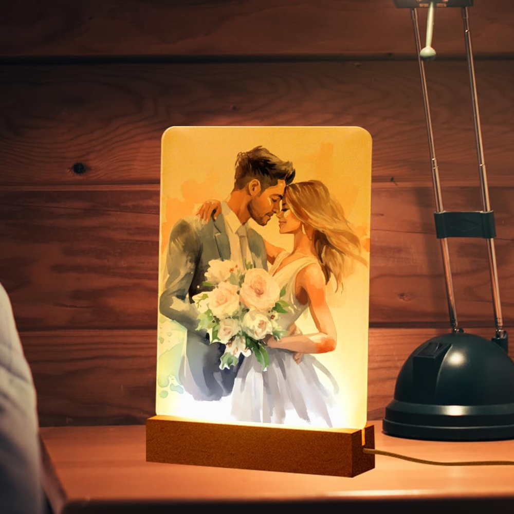 Sublimation LED Acrylic Photo Frames Night Lights Blanks 6" x 8" with Warm Color Light,with Wood Stand for Heat Press Machine Printing