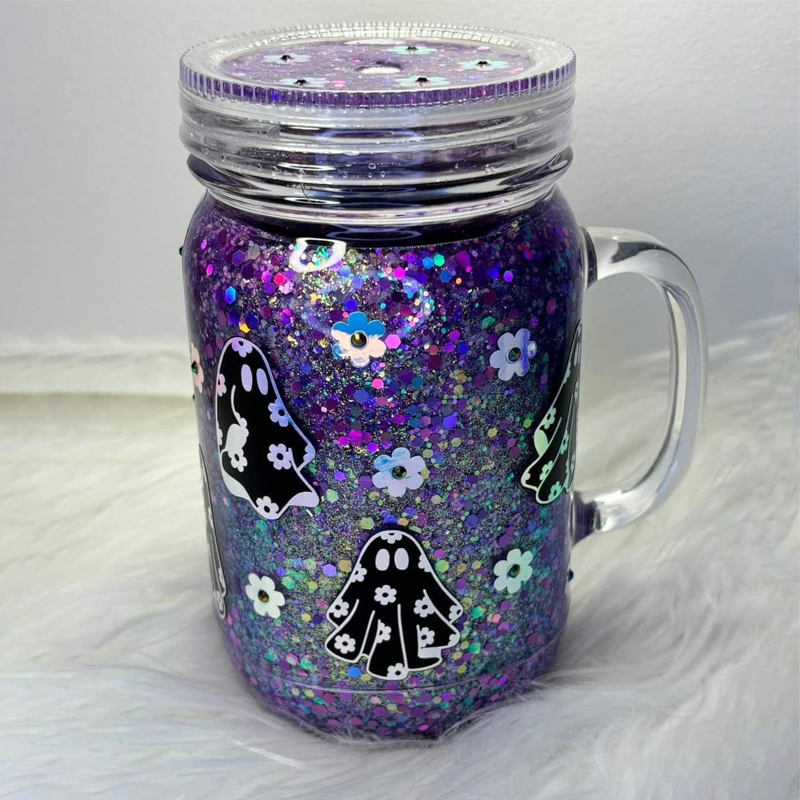 US Warehouse New Style 20oz Pre-drilled Snow Globe Plastic Colorful and Clear Lids Mason Jars with Handles and Plug Acrylic Mugs for DIY Glitters and UV Dtf wraps