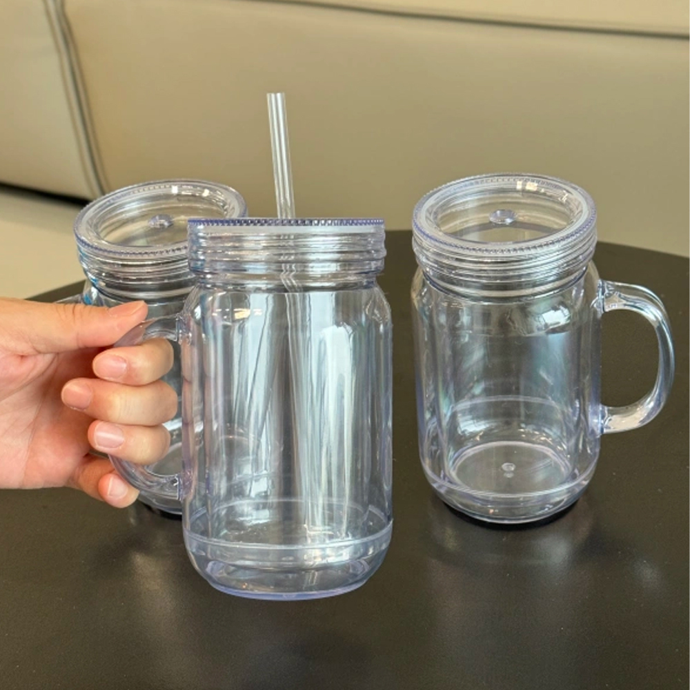 US Warehouse New Style 20oz Pre-drilled Snow Globe Plastic Colorful and Clear Lids Mason Jars with Handles and Plug Acrylic Mugs for DIY Glitters and UV Dtf wraps