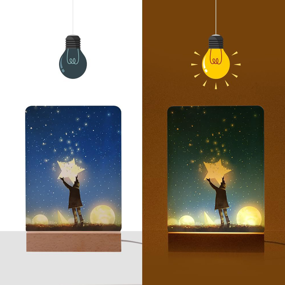Sublimation LED Acrylic Photo Frames Night Lights Blanks 6" x 8" with Warm Color Light,with Wood Stand for Heat Press Machine Printing