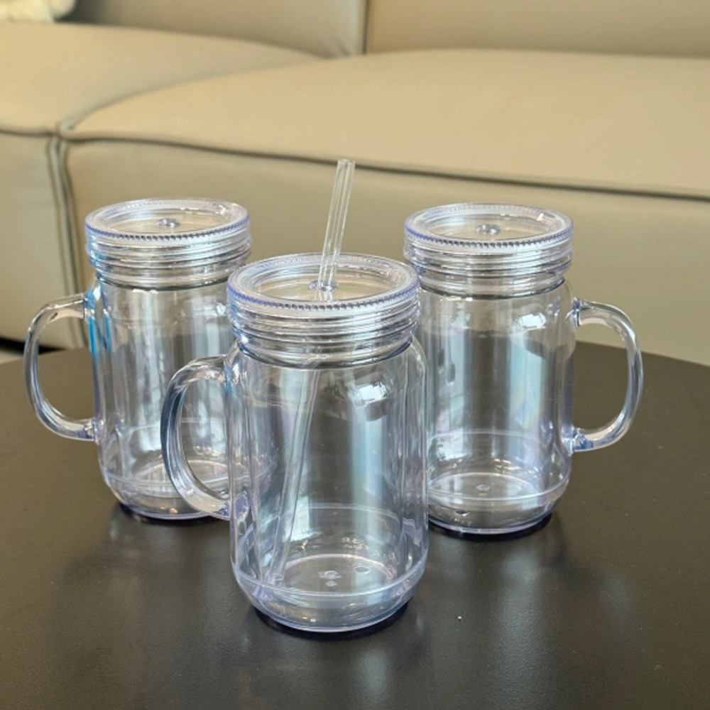 US Warehouse New Style 20oz Pre-drilled Snow Globe Plastic Colorful and Clear Lids Mason Jars with Handles and Plug Acrylic Mugs for DIY Glitters and UV Dtf wraps