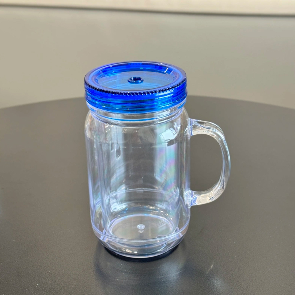 US Warehouse New Style 20oz Pre-drilled Snow Globe Plastic Color Lids Mason Jars with Handles and Plug Acrylic Mugs for DIY Glitters and UV Dtf wraps